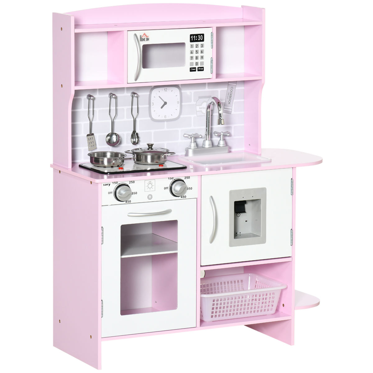 HOMCOM Kids Kitchen Play Set with Lights, Sounds, Microwave, Sink and Storage – Role Play Toy