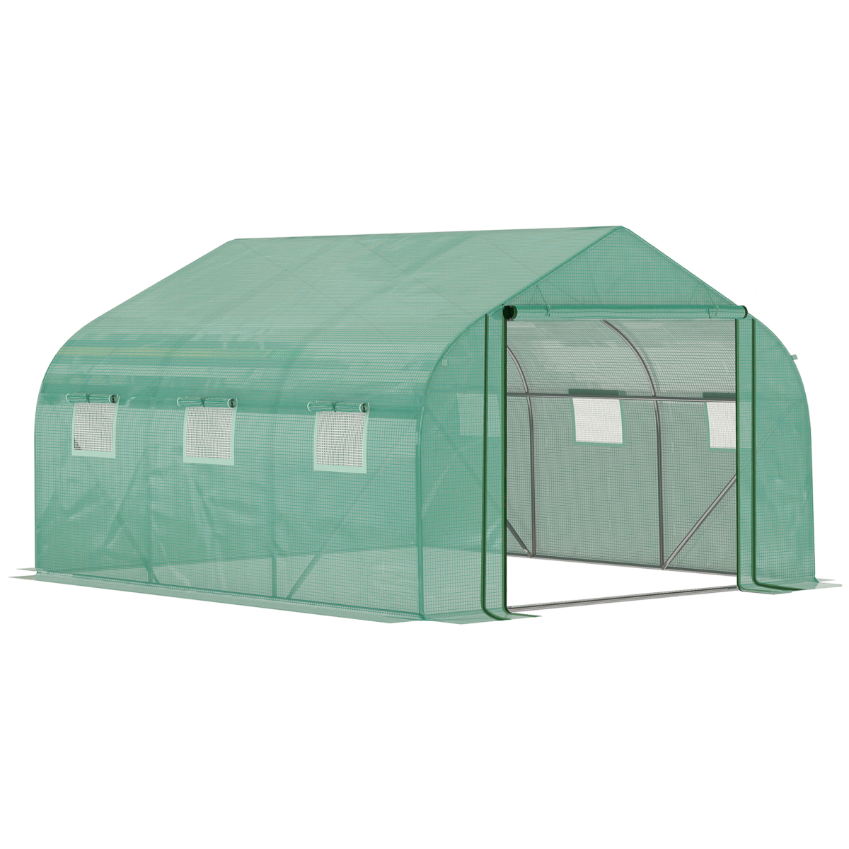 Outsunny Walk-in Garden Greenhouse 3.5 x 3 x 2m with Zippered Roll-Up Door & 6 Mesh Windows – Green