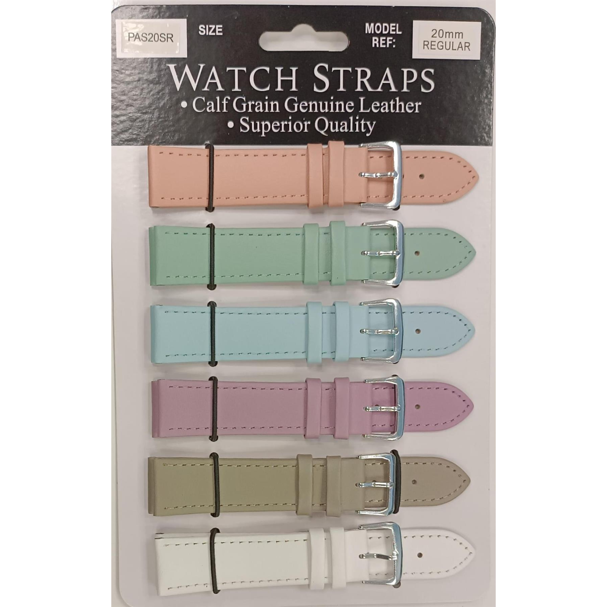 Calf Leather Watch Straps, Mixed Pastel Colours – Card of 6, Silver Buckle