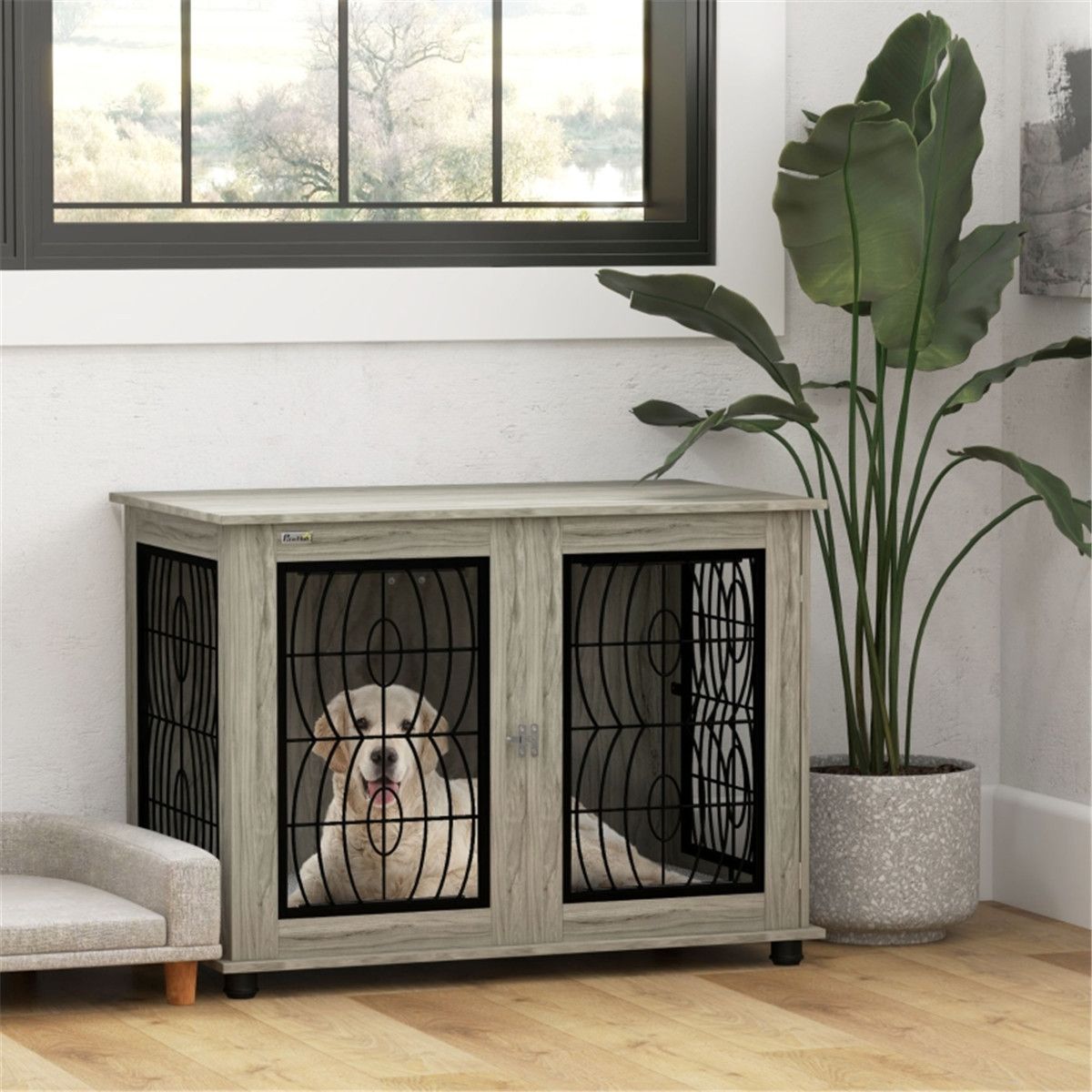 Dog Crate Furniture Side Table with Cushion & Lockable Door – For Large Dogs up to 30kg, Grey Wood Effect