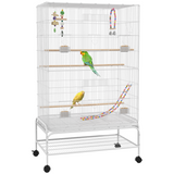 PawHut Rolling Bird Cage with Stand – Steel, Toys, Perches and Wheels, 79 x 49 x 133cm, White