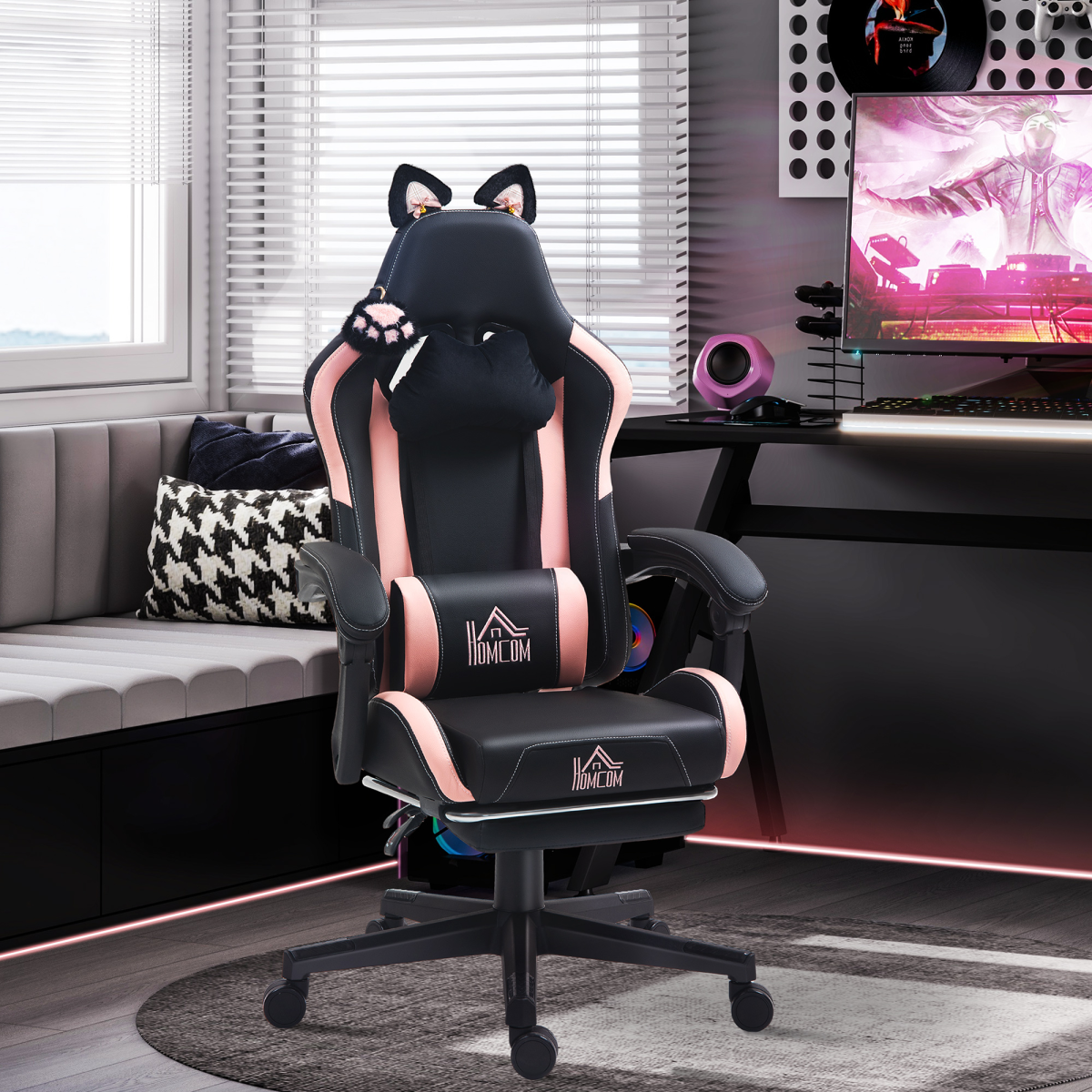 Cat Ear Reclining Gaming Chair with Footrest, Head & Lumbar Pillows – Swivel Computer Chair, Black & Pink