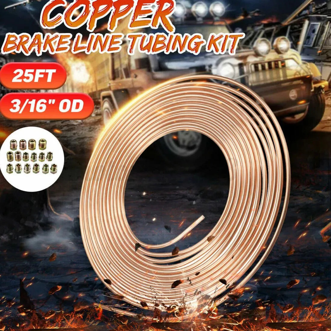 3 x 25ft Copper Nickel Brake Pipe Rolls, 3/16 Inch Tubing with 48 Pipe Nuts – Brake & Fuel Line Kit