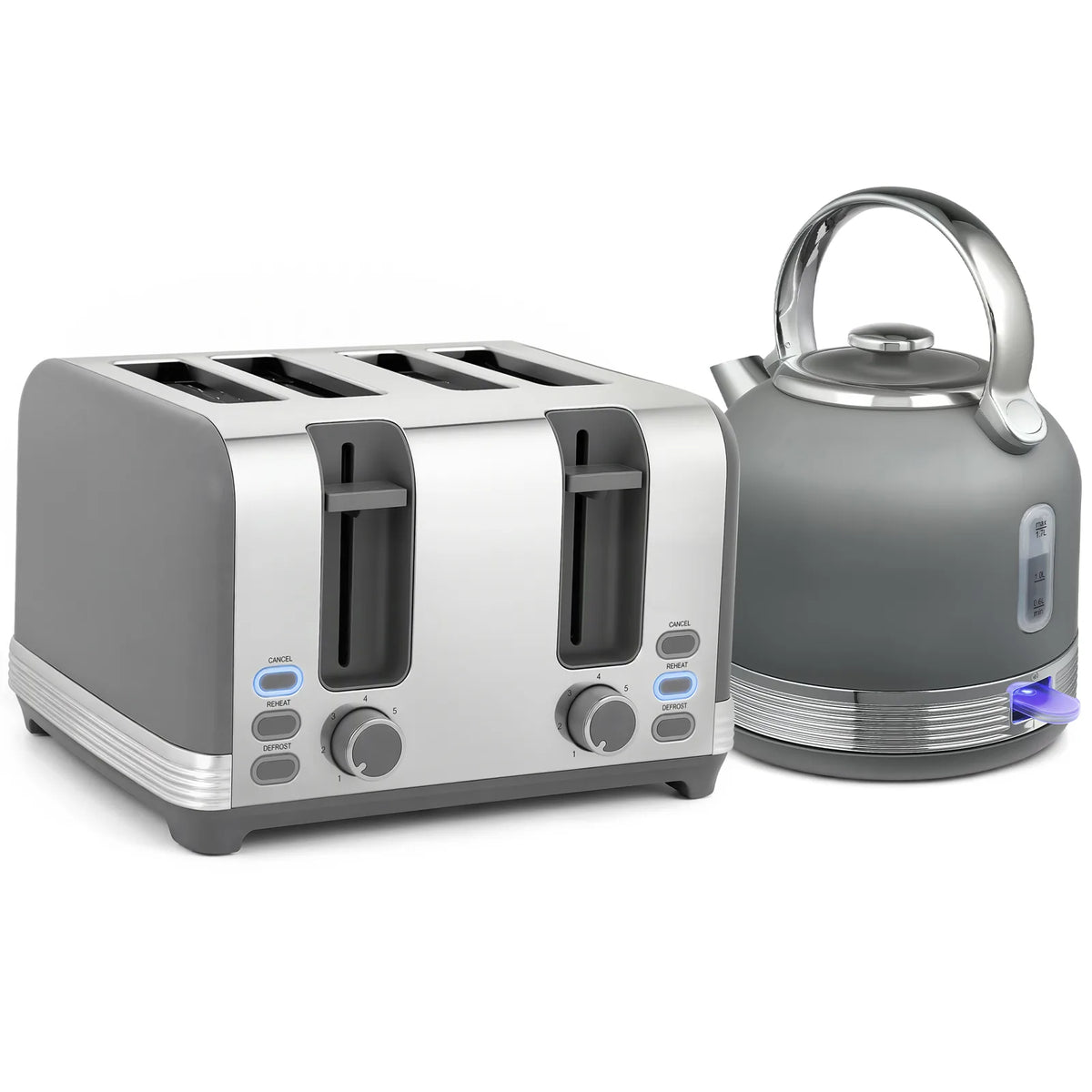 HOMCOM 1.7L 3000W Stainless Steel Kettle and 4-Slice Toaster Set with 7 Browning Levels – Cordless Fast Boil, Grey
