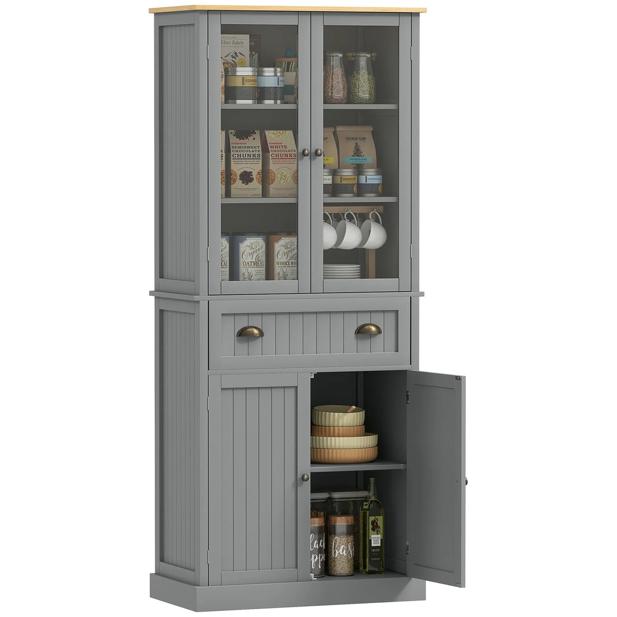 HOMCOM 180cm Tall Kitchen Pantry Cupboard with Glass Doors, 5 Tiers, Adjustable Shelves & Drawer – Freestanding Storage Cabinet, Grey