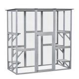 PawHut Wooden Cat House with Platforms – Enclosed Outdoor Catio for Multiple Cats, Weatherproof Roof, Grey