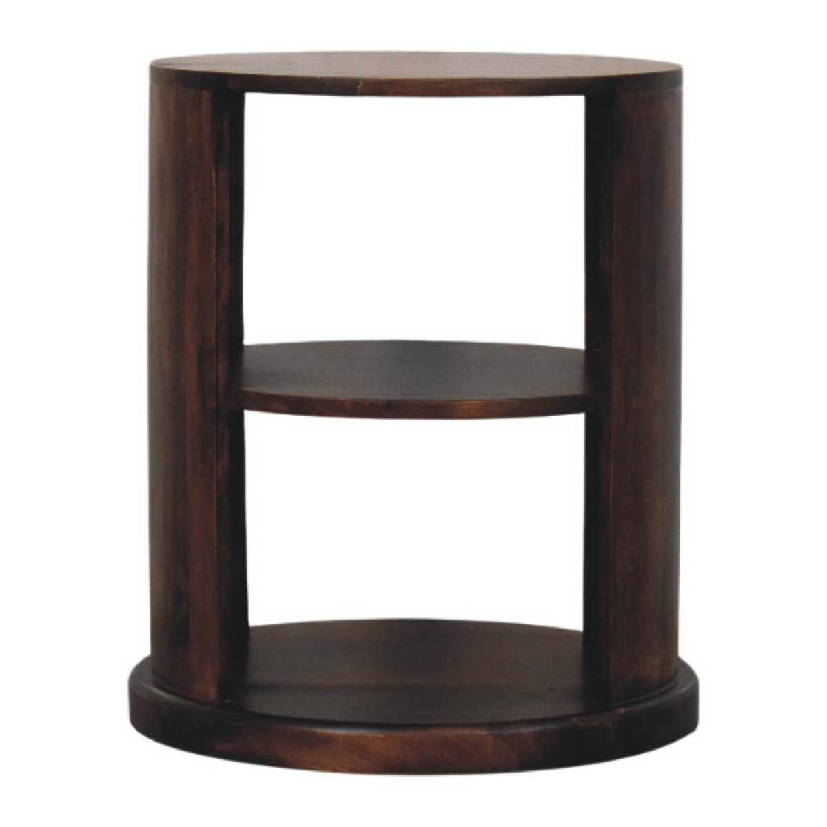 Artisan Furniture Solid Wood Ventura Round Side Table with 2 Open Shelves – California Walnut, Dark Brown