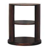 Artisan Furniture Solid Wood Ventura Round Side Table with 2 Open Shelves – California Walnut, Dark Brown