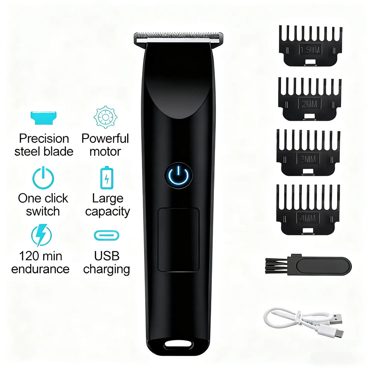 Men's Pro Electric Hair Clippers & Beard Trimmer with 4 Limit Combs – USB Rechargeable Barber Shaver, Black