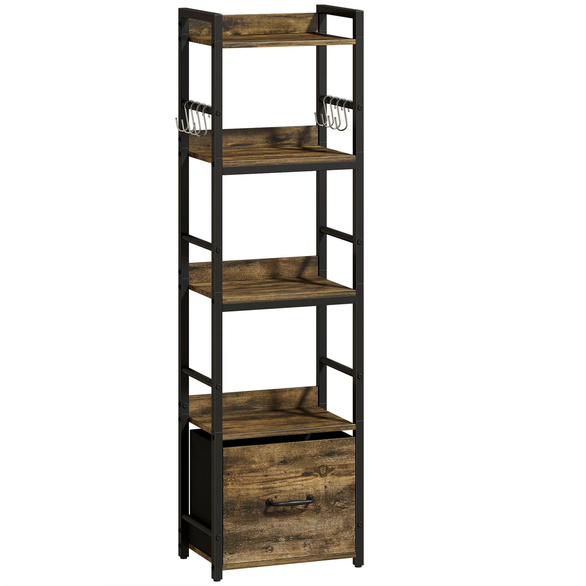 HOMCOM 4-Tier Narrow Bookcase with Drawer, 8 Hooks & Anti-Tip Straps – Slim Storage Shelf, Rustic Brown