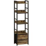 HOMCOM 4-Tier Narrow Bookcase with Drawer, 8 Hooks & Anti-Tip Straps – Slim Storage Shelf, Rustic Brown