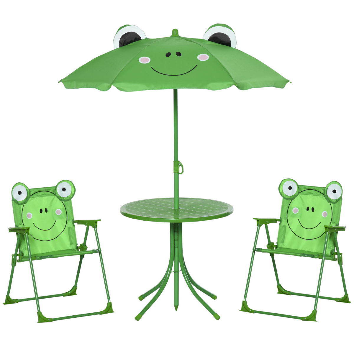 Kids Foldable Picnic Table Set with 2 Chairs & Frog Parasol, 4-Piece – Garden Furniture for Ages 3–5, Green