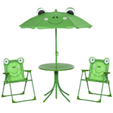 Kids Foldable Picnic Table Set with 2 Chairs & Frog Parasol, 4-Piece – Garden Furniture for Ages 3–5, Green