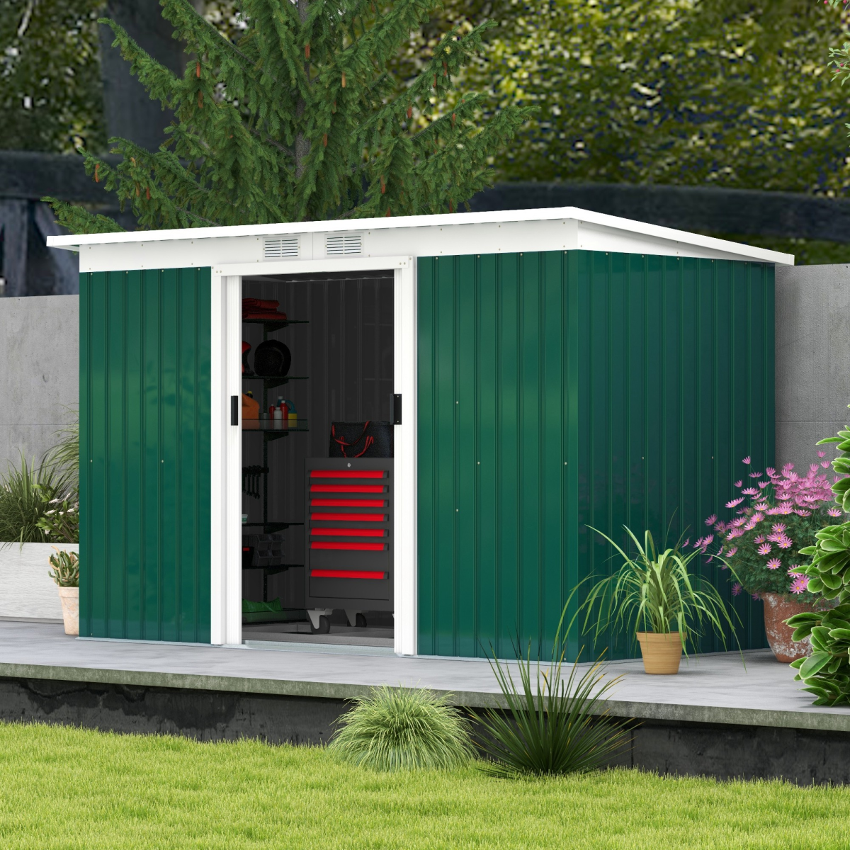 Metal Garden Shed with Sliding Lockable Double Doors, 2 Vents & Foundation Kit – 280 x 130cm, Dark Green