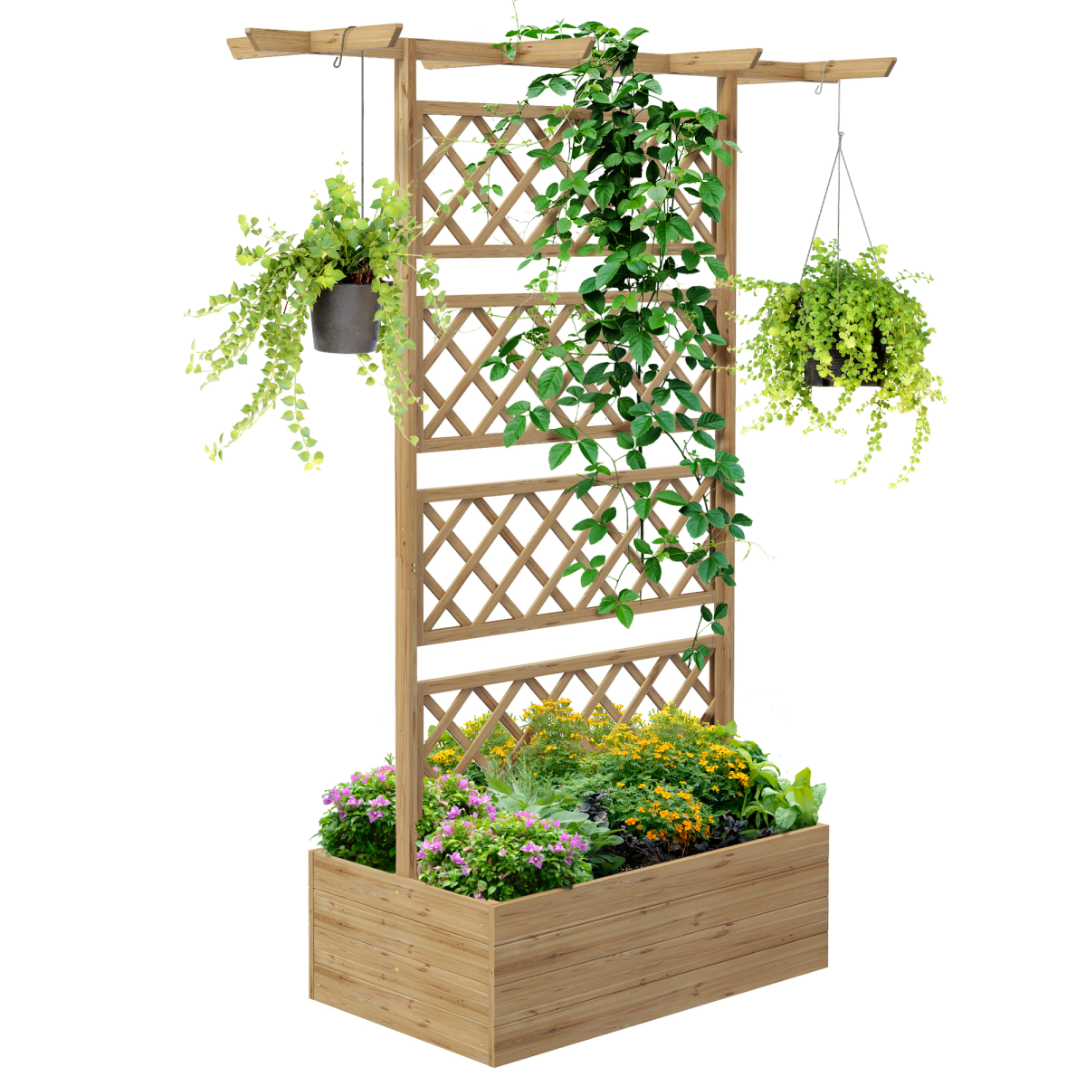 Outsunny Wooden Trellis Planter with Roof and Open Bottom – Raised Garden Bed for Climbing Plants, Natural