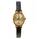 Limit Ladies Oval Watch, 27mm Gold Dial with Black Numerals, Black Faux Leather Strap