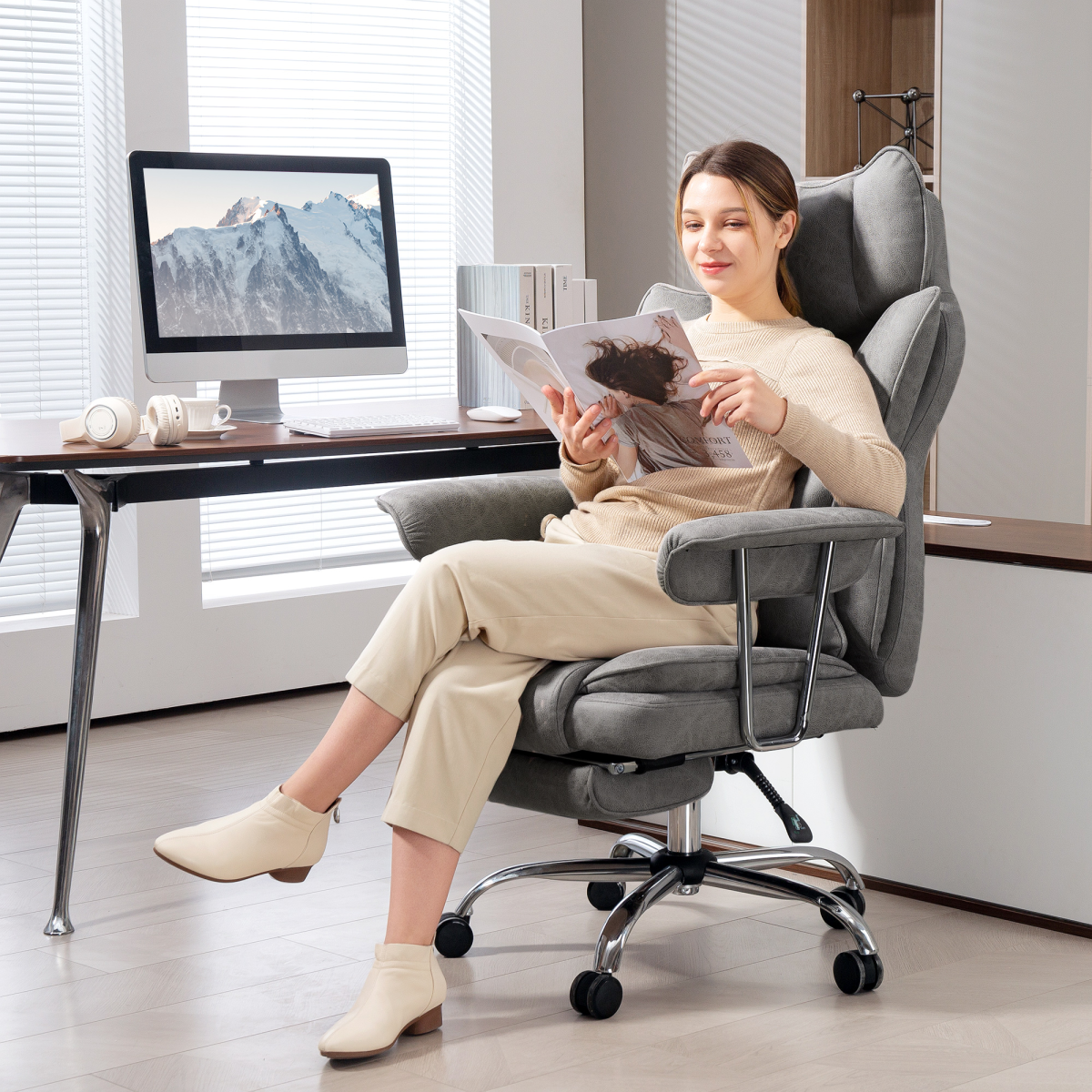 High Back Reclining Gaming Chair with Footrest & Lumbar Pillow – Leathaire Swivel Computer Chair, Grey