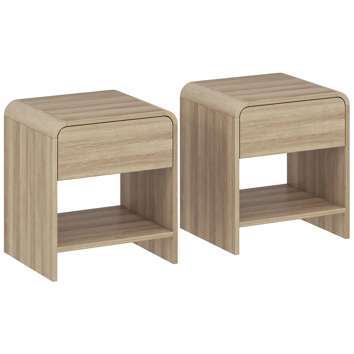 HOMCOM Set of 2 Bedside Tables with Silent Drawer and Open Shelf – Nordic Style Nightstands, Natural