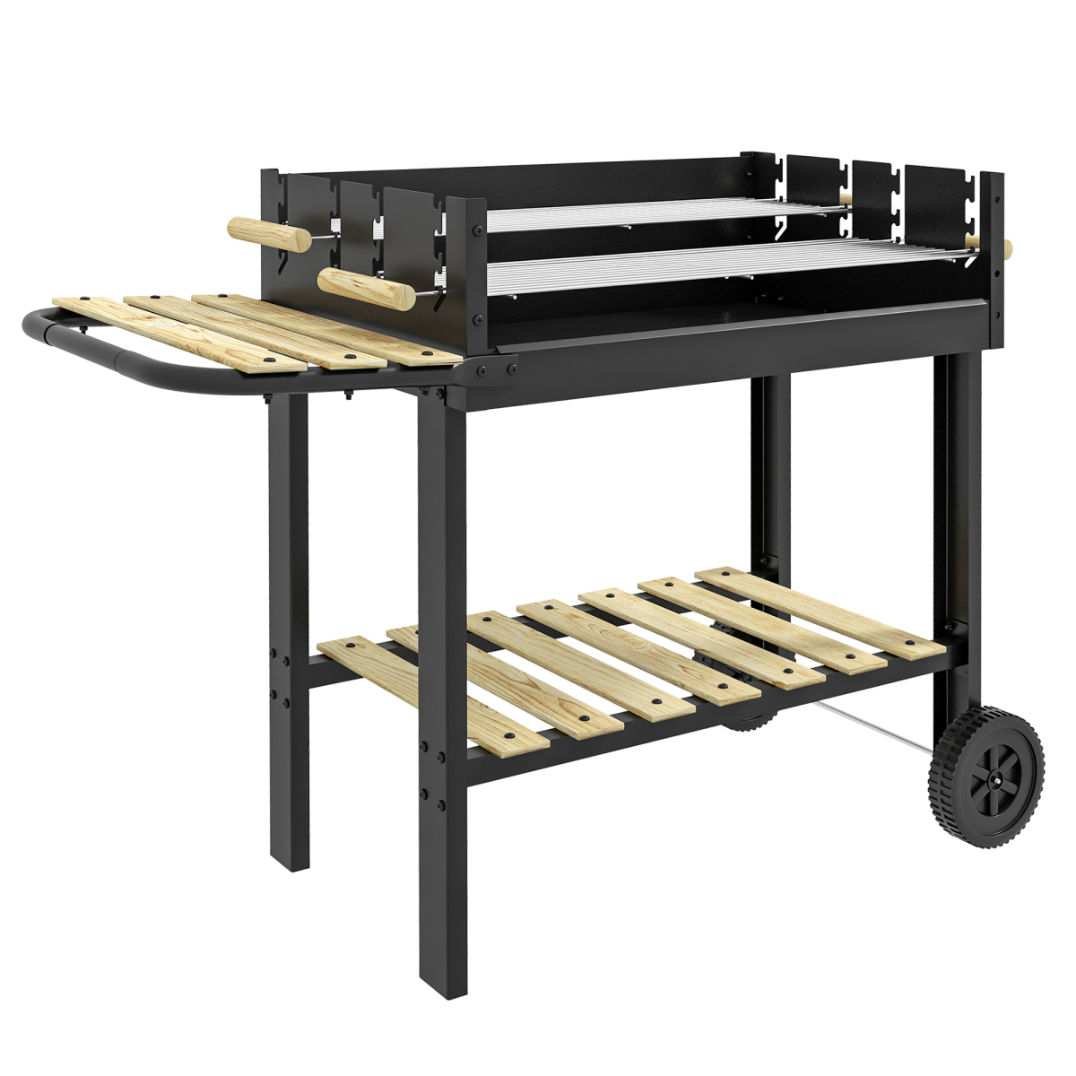 Outsunny Charcoal BBQ Grill with Two Grilling Areas, Side Table and Wheels – Garden Barbecue, Black