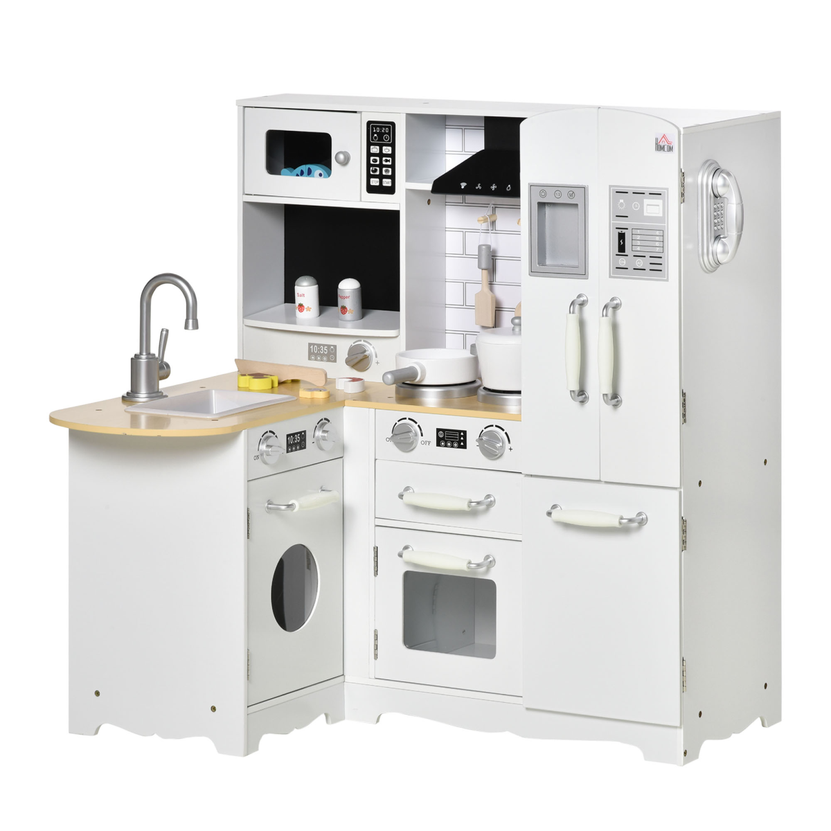 HOMCOM Large Kids Kitchen Playset with Fridge, Microwave and Sink – Role Play Toy Kitchen, White