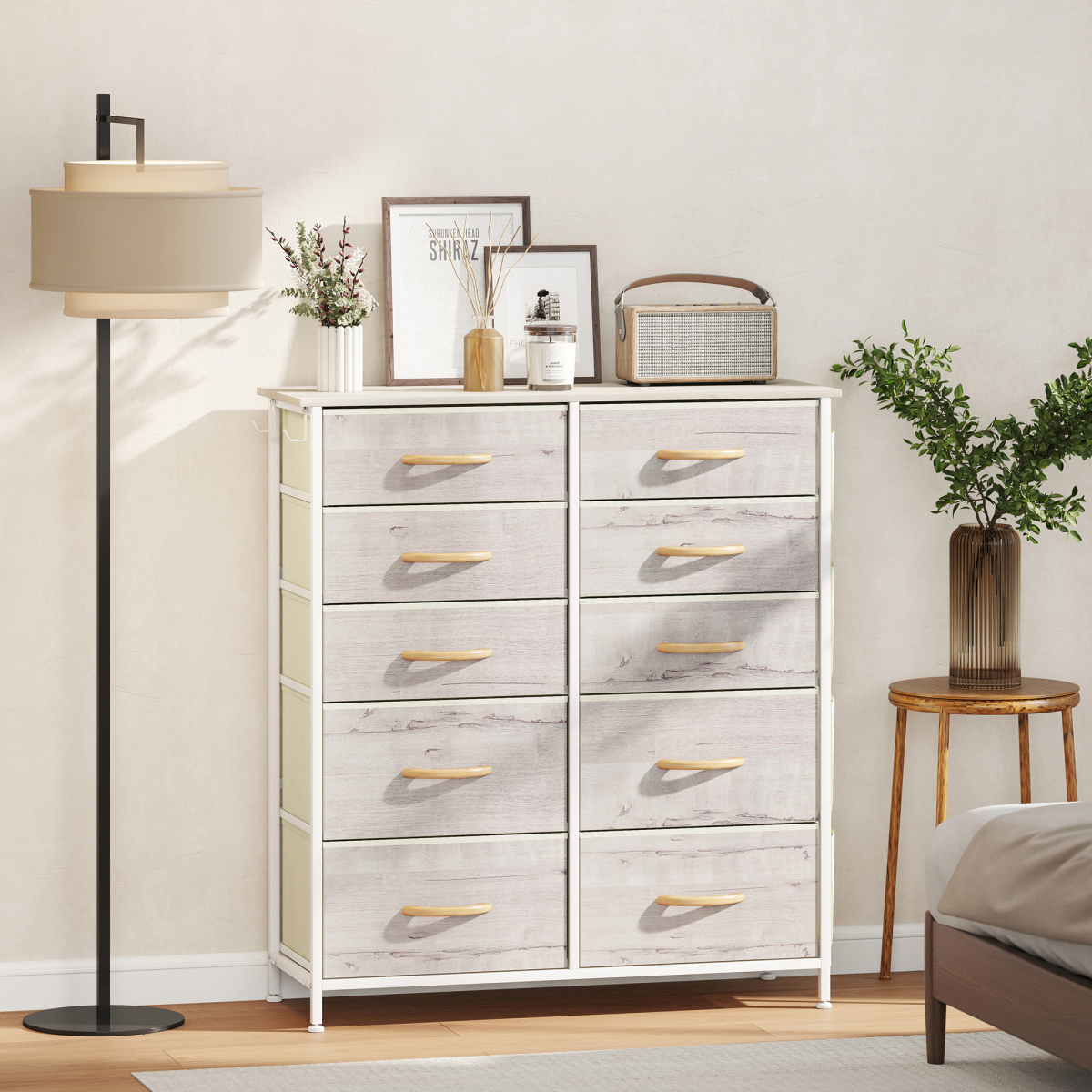 10-Drawer Fabric Chest of Drawers with Side Pockets & Hooks, Steel Frame, 86 x 30 x 94.5 cm – Natural Wood & White