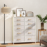 10-Drawer Fabric Chest of Drawers with Side Pockets & Hooks, Steel Frame, 86 x 30 x 94.5 cm – Natural Wood & White