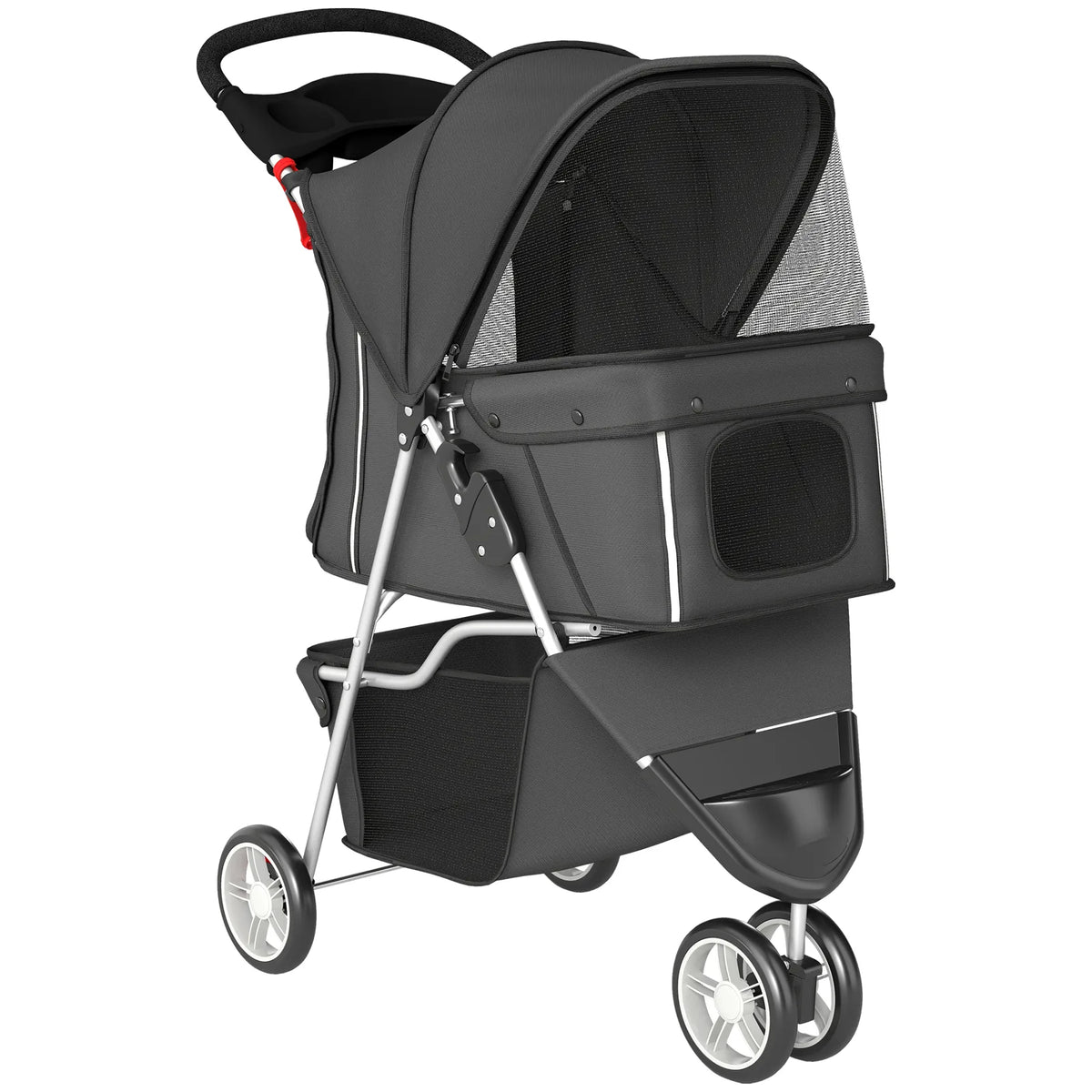 PawHut 3 Wheel Foldable Dog Stroller with Adjustable Canopy & Storage Basket, up to 10 kg – Pet Pram, Dark Grey