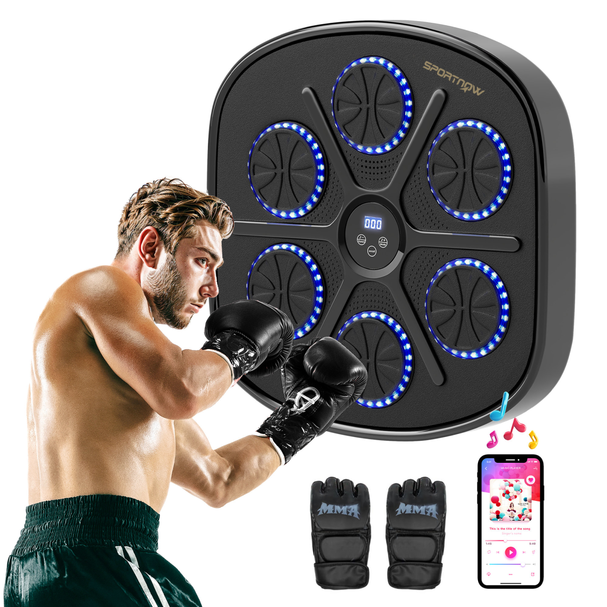 SPORTNOW Smart Bluetooth Boxing Machine, Wall Mounted with 9 Speeds & Modes – Music Boxing Trainer, Black