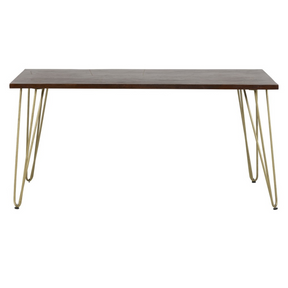 Solid wood dining table with dark gold metal inlay