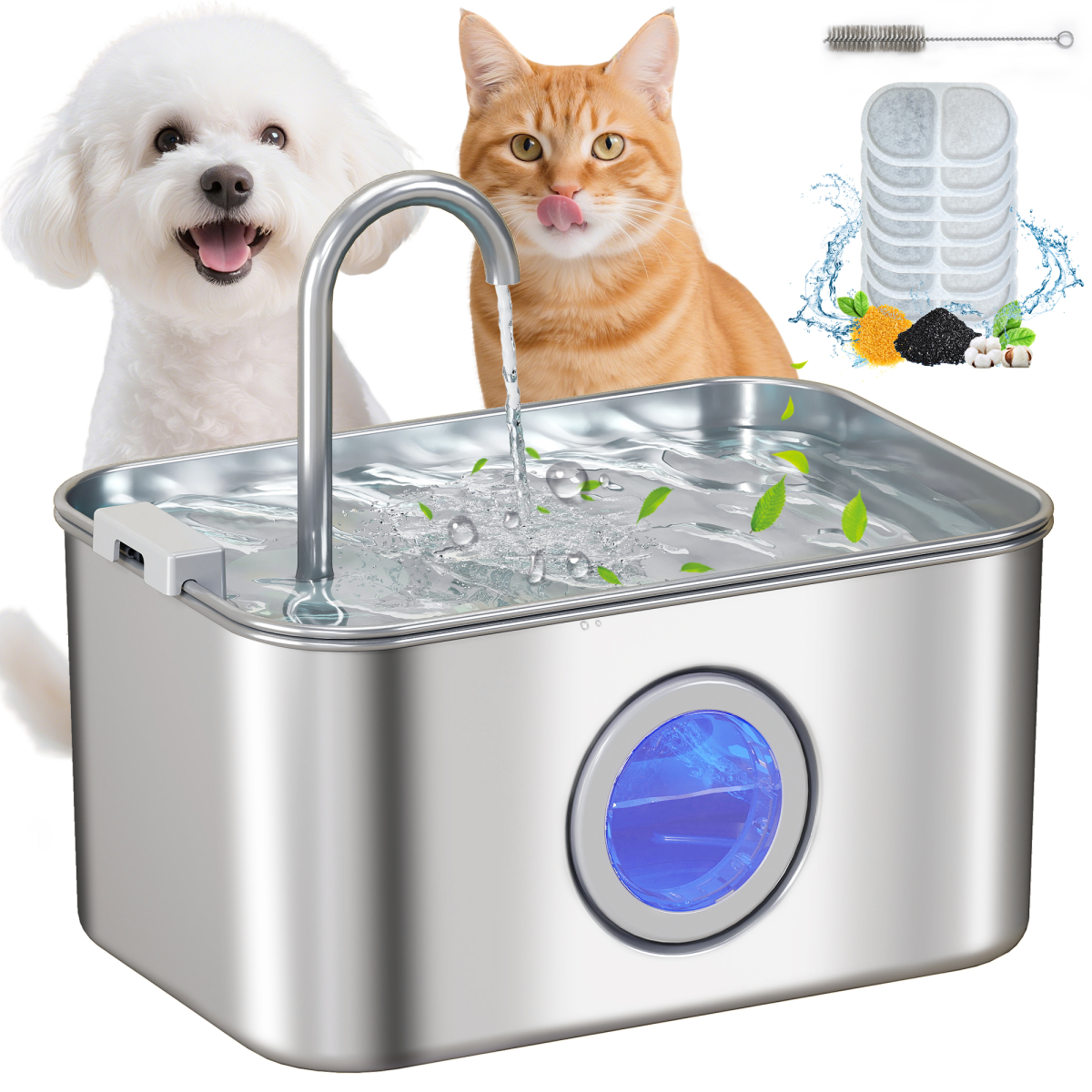 PawHut 3.2L Stainless Steel Cat Water Fountain with Filtration, LED Water Level Window and Quiet Pump