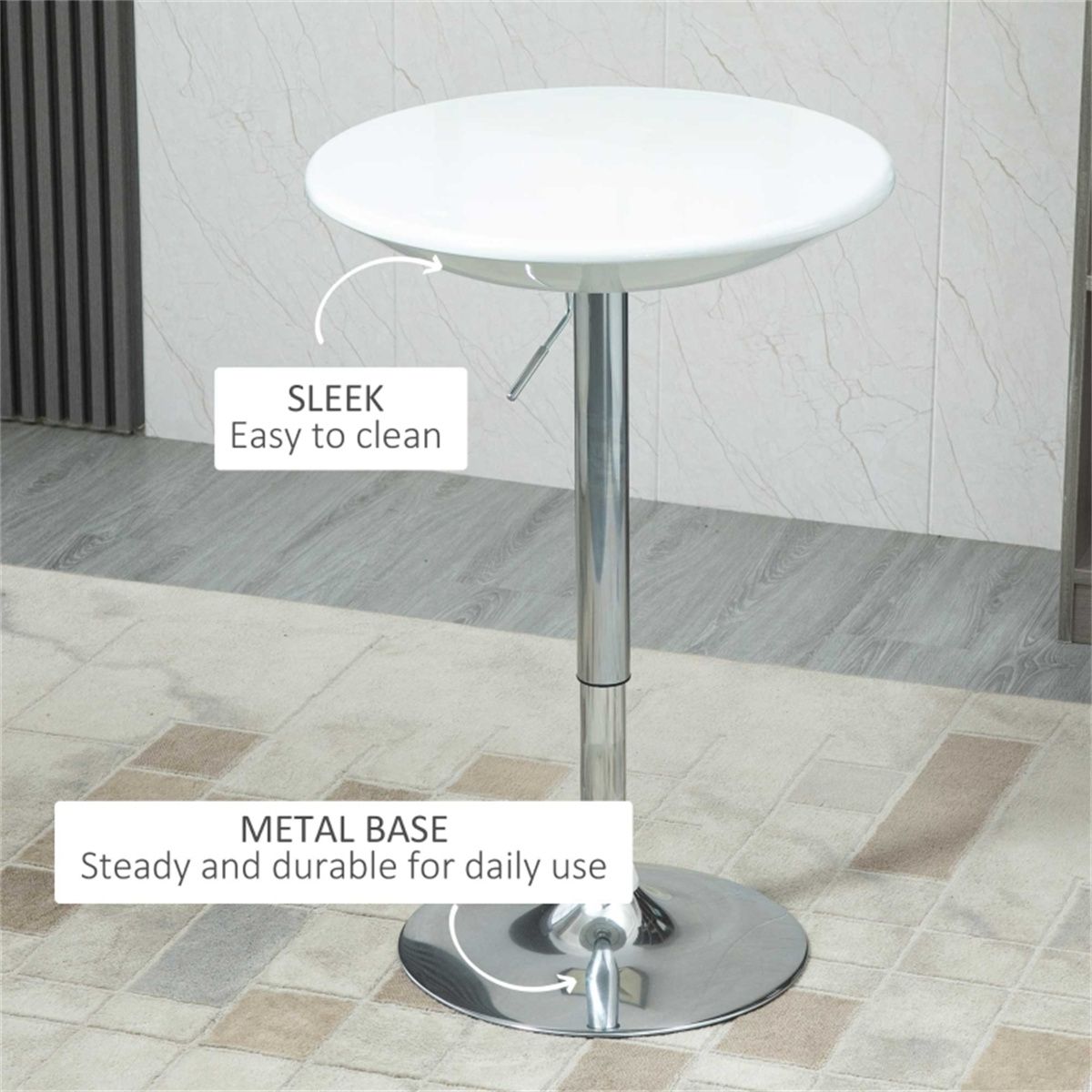 Height Adjustable Bar Table with 360° Swivel Top, 80kg Capacity, 76–97cm – Pneumatic Coffee Table, White