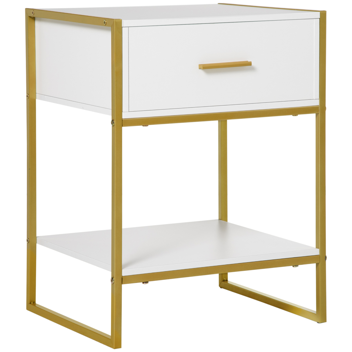 Modern Bedside Table with Drawer and Bottom Shelf – Gold-Tone Metal Frame Nightstand, White