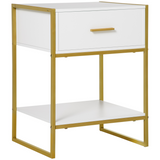 Modern Bedside Table with Drawer and Bottom Shelf – Gold-Tone Metal Frame Nightstand, White
