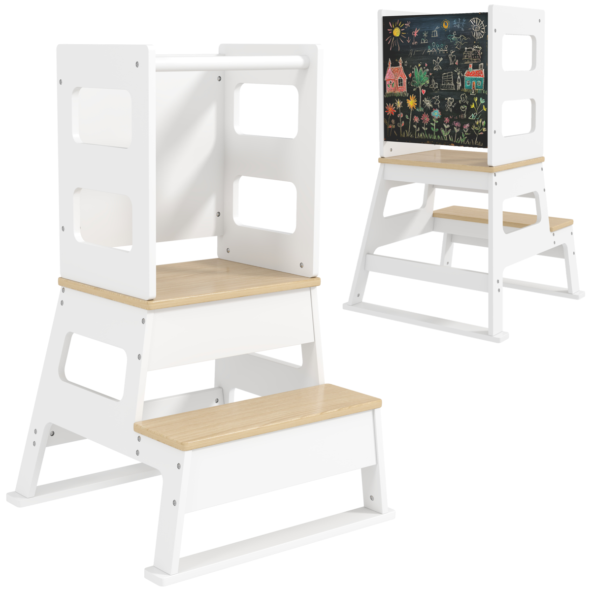 AIYAPLAY 2 in 1 Toddler Tower with Chalkboard & Safety Rail – Kitchen Helper Step Stool, White and Natural Wood
