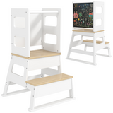 AIYAPLAY 2 in 1 Toddler Tower with Chalkboard & Safety Rail – Kitchen Helper Step Stool, White and Natural Wood