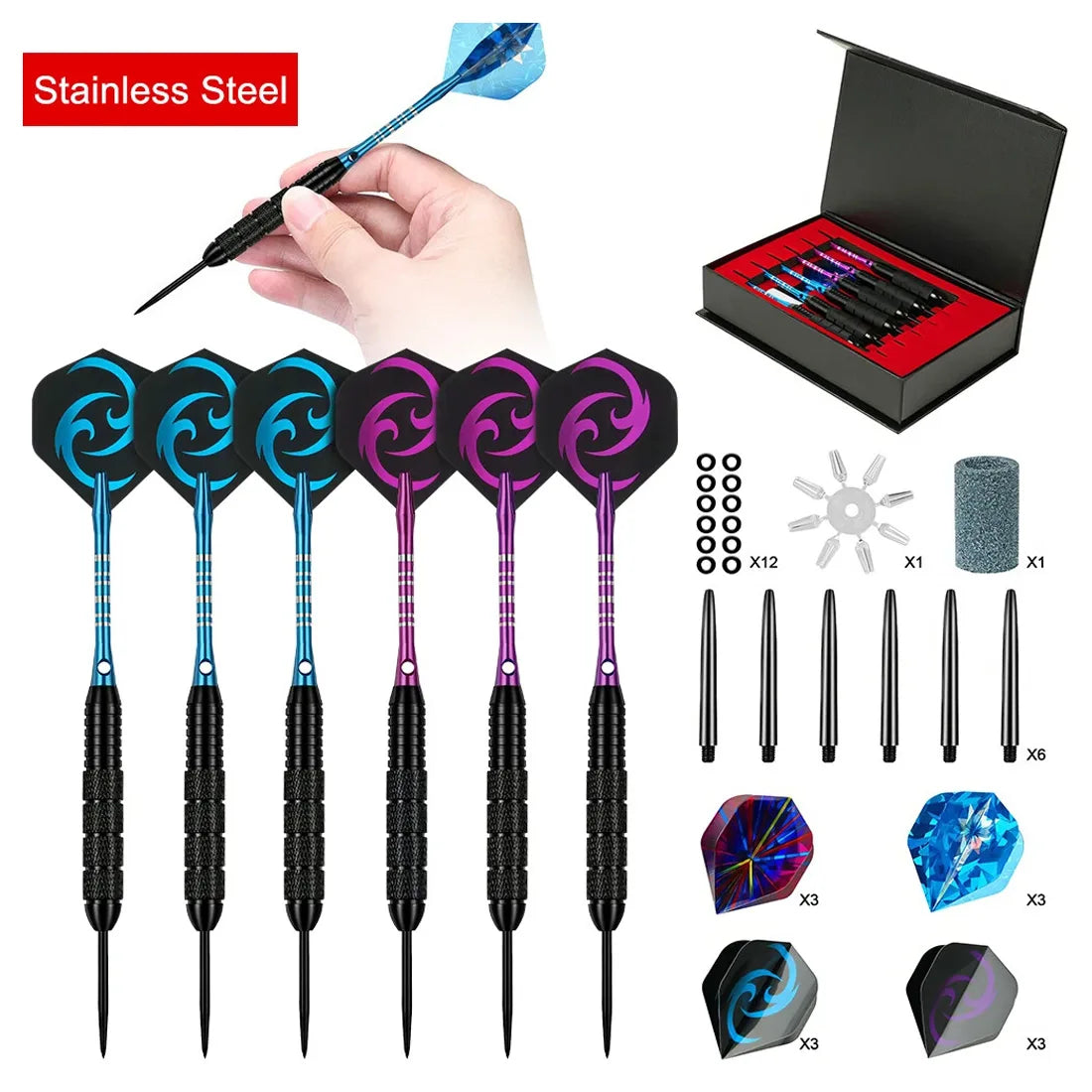 24g Steel Tip Darts Set of 6 with PVC Shafts, 12 Flights, Sharpener & Case – Professional Darts for Bristle Boards