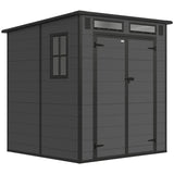 Outsunny 6 x 6ft Wood-Effect Plastic Garden Shed with Floor, Windows & Lockable Doors – Outdoor Storage, Dark Grey