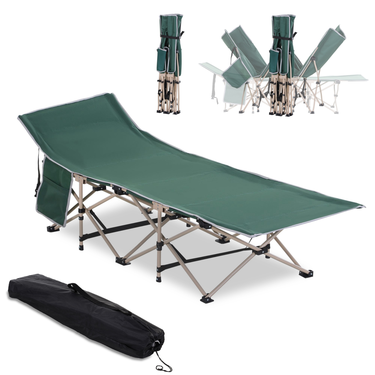 Outsunny Single Folding Camping Cot with Steel Frame, Side Pocket & Carry Bag – Portable Camp Bed, Green