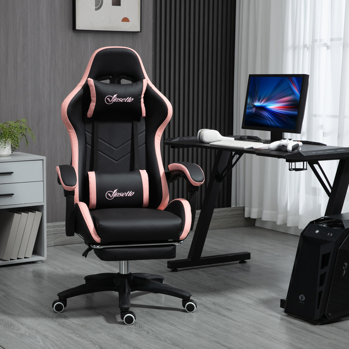 Reclining Gaming Chair with Footrest, Head & Lumbar Pillows – Swivel Computer Desk Chair, Black & Pink