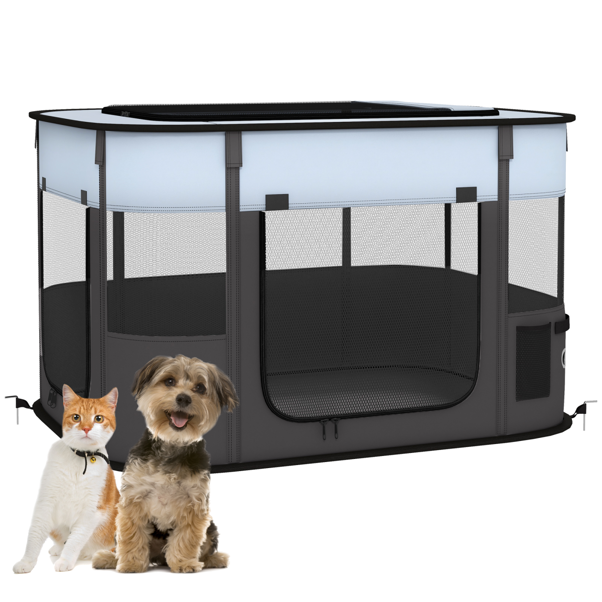PawHut Portable Foldable Pet Playpen with Mesh Windows & Storage Bag – Dog, Rabbit & Kitten Run, Grey, 84cm