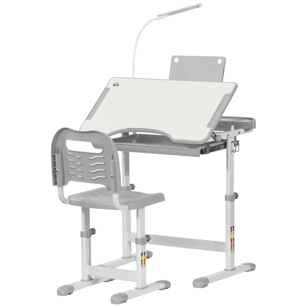 HOMCOM Kids Study Desk and Chair Set with USB Lamp, Drawer and Adjustable Height, Tilting Top – Grey