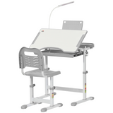 HOMCOM Kids Study Desk and Chair Set with USB Lamp, Drawer and Adjustable Height, Tilting Top – Grey