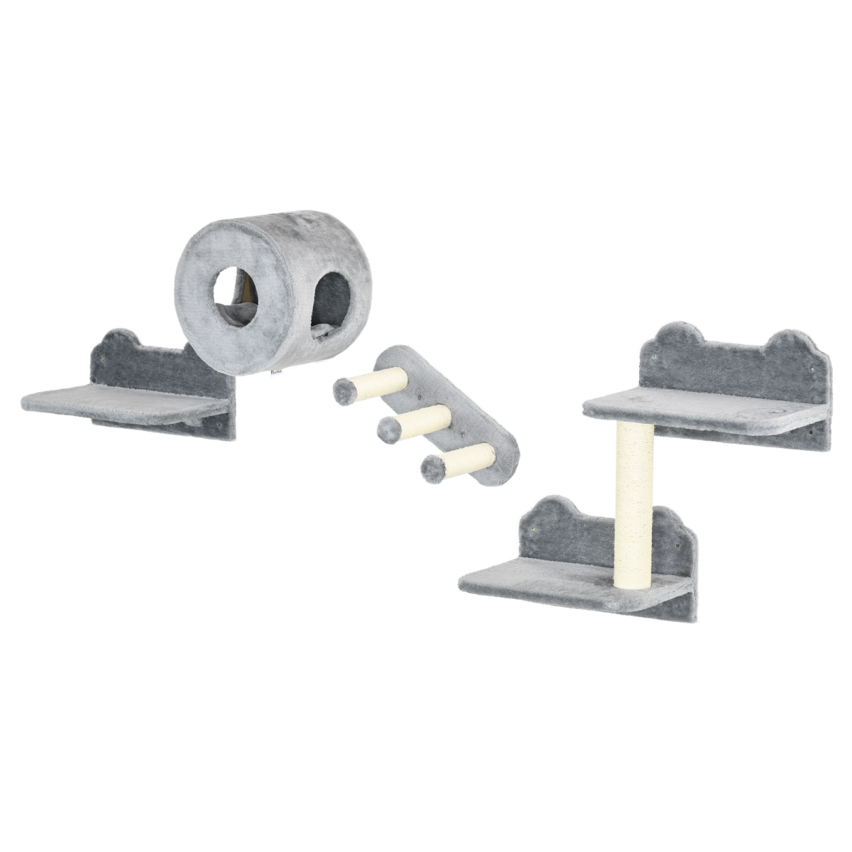 PawHut Four-Piece Wall-Mounted Cat Tree with Platforms, Steps, Perch & Cat House – Climbing Shelves, Grey