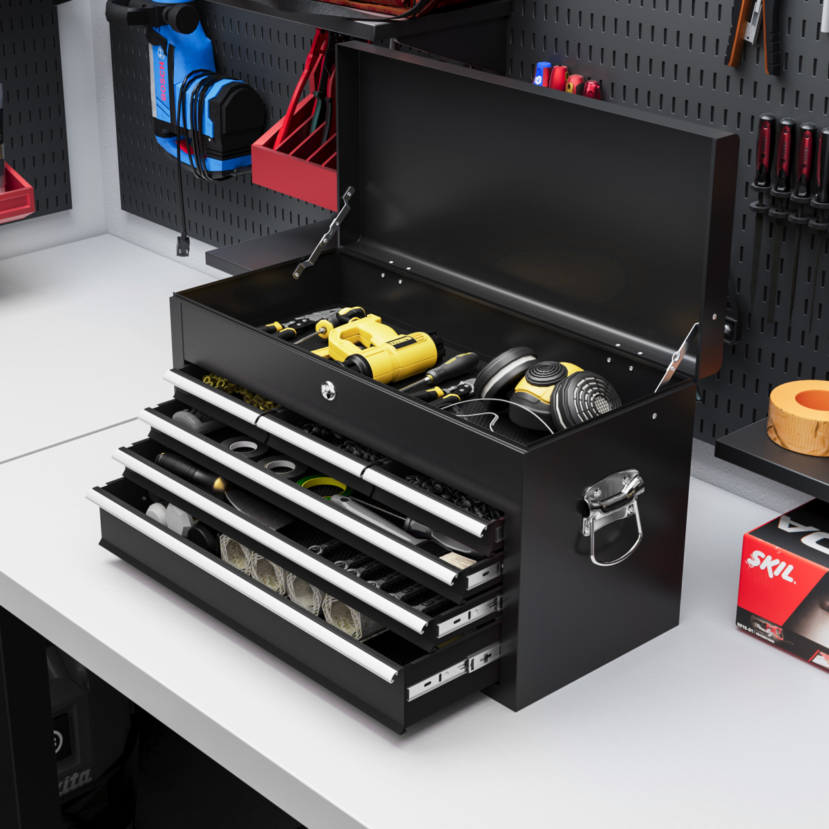 Lockable Steel Tool Chest with 6 Drawers, Top Storage & Ball Bearing Runners – Portable Tool Box, Black