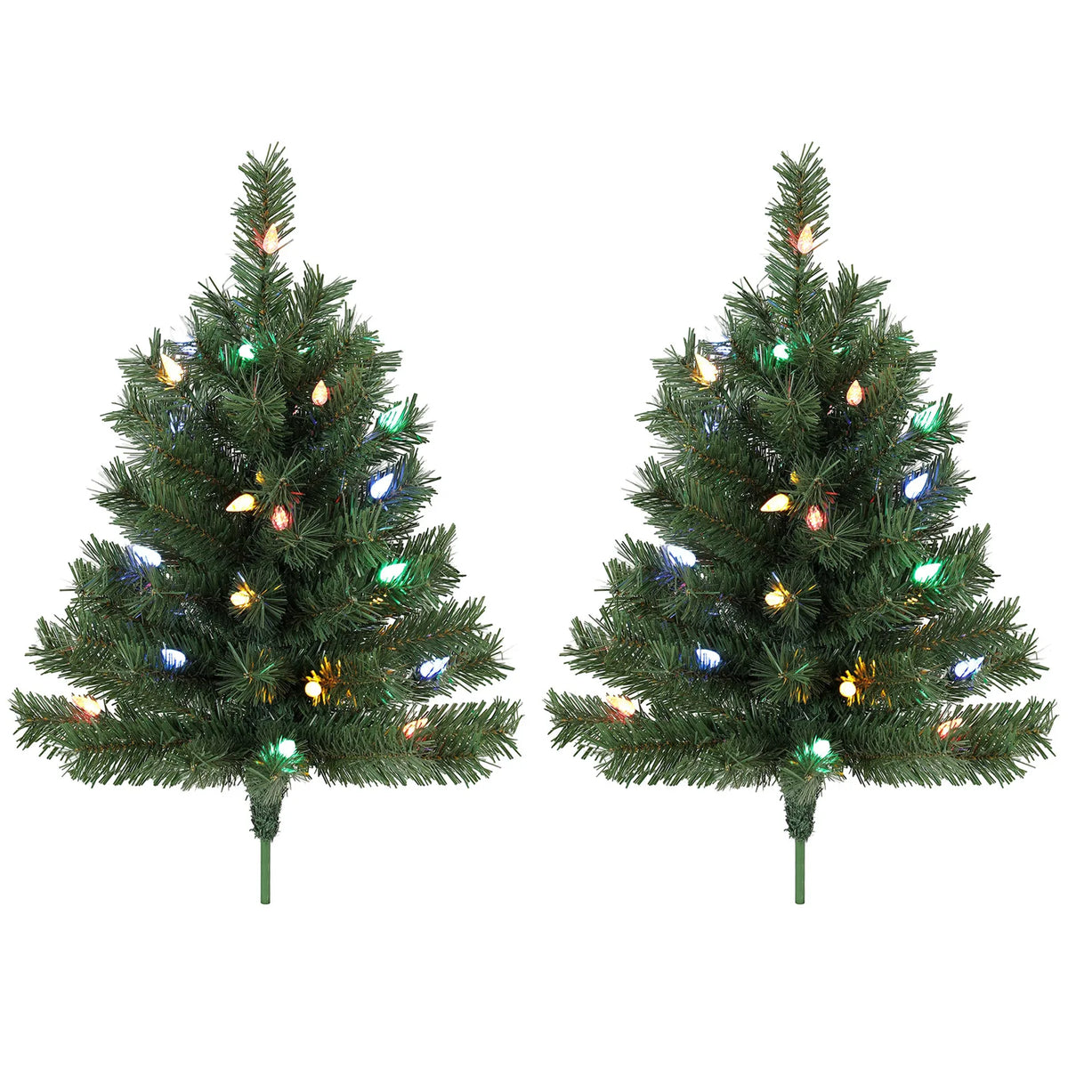 HOMCOM Set of 2 Pre-Lit 60 cm Outdoor Christmas Trees with Ground Stakes and 60 Multicolour LEDs, Green
