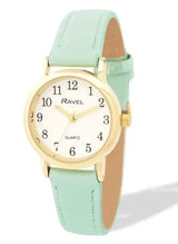 Ravel Ladies Classic Watch – 27mm Polished Gold Case, Mint Green Strap, Japan Quartz, R0137.31.2