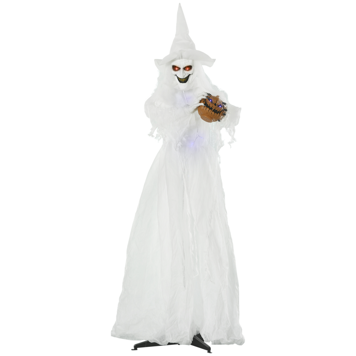 HOMCOM 72 Inch Halloween White Witch Holding Pumpkin – Button-Activated Light-Up Skeleton Ghost Decoration