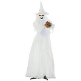 HOMCOM 72 Inch Halloween White Witch Holding Pumpkin – Button-Activated Light-Up Skeleton Ghost Decoration