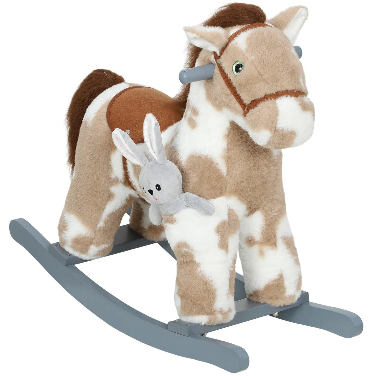 AIYAPLAY Baby Rocking Horse with Realistic Sounds & Bunny Toy – Plush Ride-On Animal Rocker for Ages 2-5, Brown
