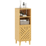 HOMCOM Narrow Bathroom Storage Cabinet with Open Compartments & Bamboo Door – Slim Floor Cabinet, Natural